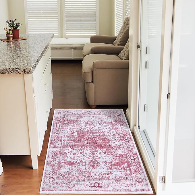 Keeko Small Rugs for Entryway, 2x3 Living Room Area Rug Vintage Door Mat Accent Bedroom Bedside Rug Indoor Retro Non Slip Front Door Print Throw Rugs for Kitchen Laundry Room Decor Reddish Pink