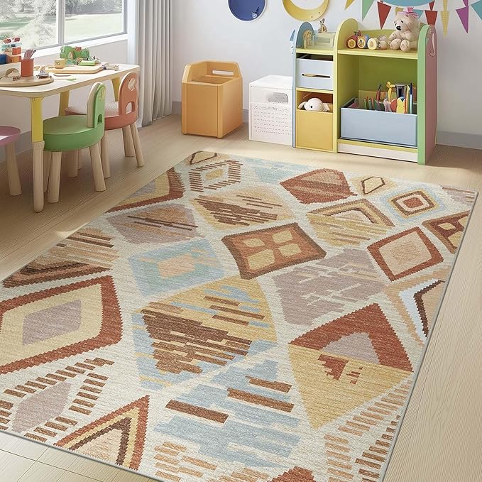 jinchan 5x7 Kids Washable Area Rug Geometric Moroccan Faux Jute Indoor Nursery Rug Non-Slip Colorful Modern Carpet for Playroom Kids Room Living Room Bedroom Laundry Room Boho Tan