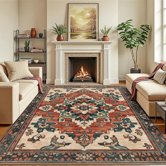 4x6 Machine Washable Non-Slip Area Rug & Mat - Soft Faux Wool & Polyester, Boho Stain-Resistant Indoor Throw Carpet for Kitchen, Bathroom, Bedroom, Living Room, Low Pile, High Traffic