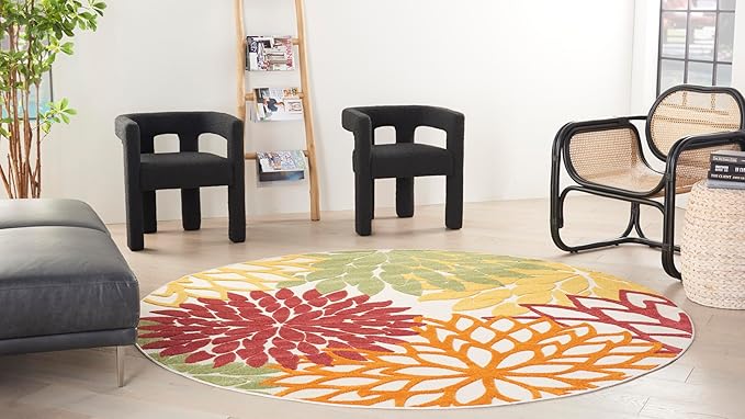 Nourison Aloha 94" Round Fabric Indoor/Outdoor Rug in Red Multi-Color