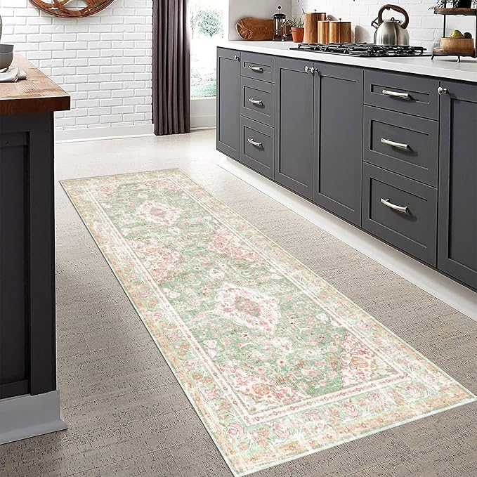 Vhong Washable Area Rugs Boho Vintage Modern Neutral Small Carpet Green and Pink High Traffic Rugs 2×6 for for Kitchen Hallway Living Room Non Slip