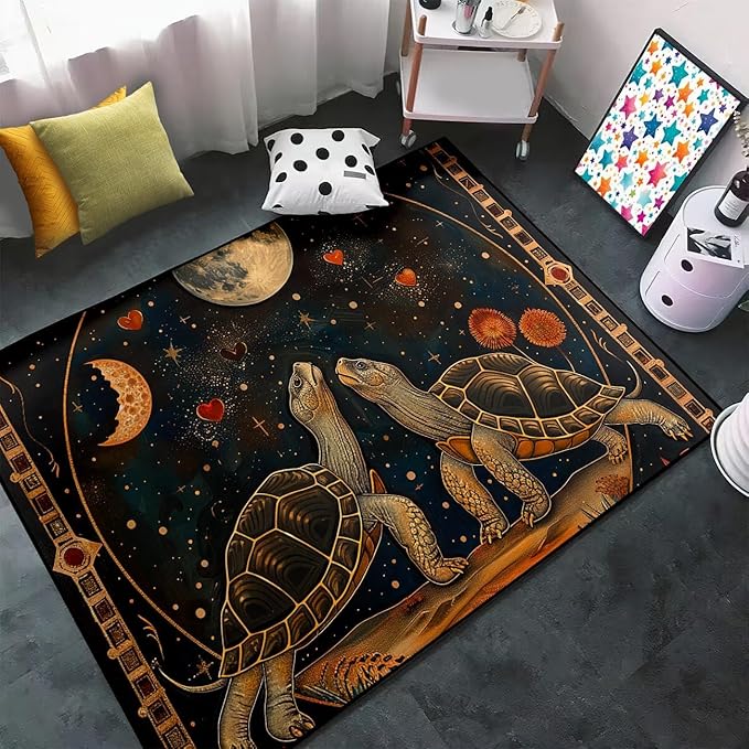 Tortoise Rug for Boys Bedroom - Outer Space Moon Tortoise Rug for Kids Tortoises Theme Rugs, 47" L x 39" W