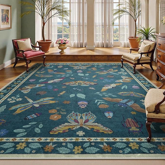 Beeiva Insect Print Bedroom Rug 8x10 Under Bed Non Slip, Foldable Washable Rugs 8x10, Soft Low Pile 8 x 10 Green Area Rug for Bedroom Large Carpet for Kids Room, Playroom, Living Room - Dark Green