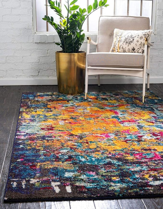 Unique Loom Estrella Collection Dark Colors, Modern, Abstract, Distressed Area Rug, 10 ft 6 in x 16 ft 5 in, Multi/Navy Blue