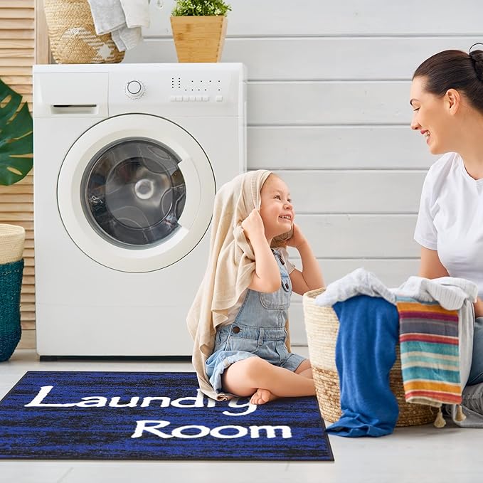 Machine Washable Text Design Laundry Room Rug Non-Slip Rubberback 2x3 Laundry Area Rug for Laundry Room, Bathroom, Washroom, 26" x 35", Black/Blue