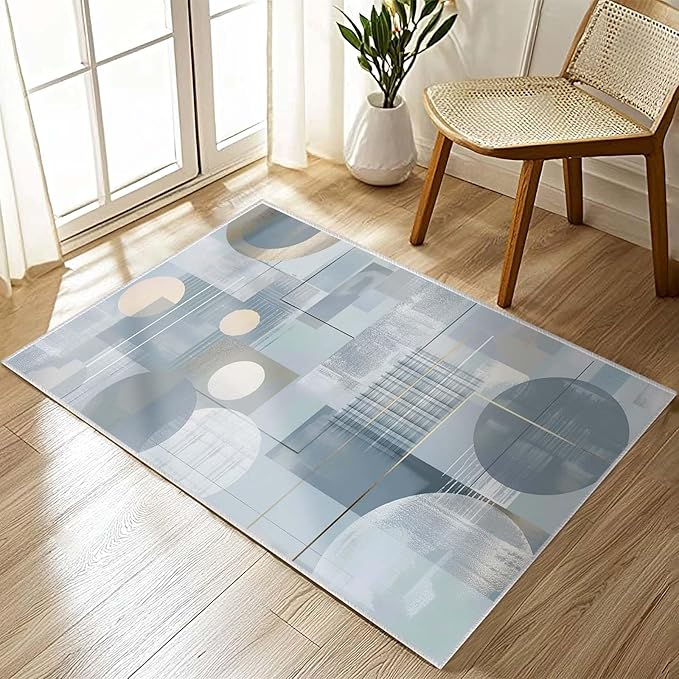 2x3 Entryway Rug Abstract Minimalist Circle Blue Small Area Rug Thin Carpet Bathroom Non Slip Indoor Entrance Low Pile Door Mat Kitchen Stain Resistant Washable Machine