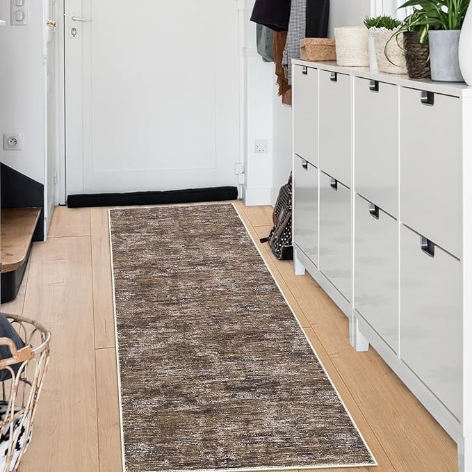 2x6 Runner Rug Washable Kitchen Runner Rug Modern Abstract Runner Mat for Hallway Contemporary Solid Rug Non-Slip Foldable Aesthetic Accent Floor Carpet for Living Room Bedroom, Brown
