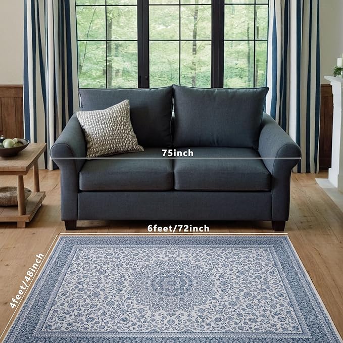 Floral Washable Area Rug 4x6, Spill-Proof Surface, Non-Slip Backing, Cozy Soft Faux Wool, Printed Rug for Entryway, Living Room, Bedroom- Ieve