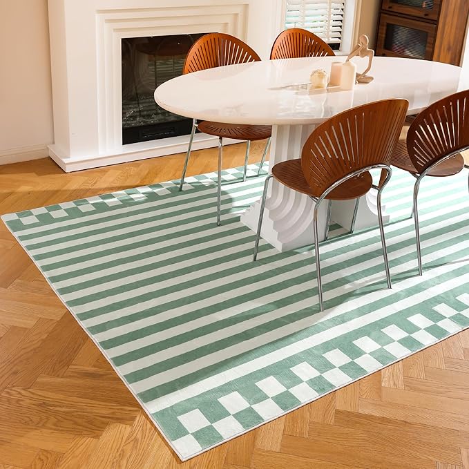 Carvapet Green Rugs for Living Room Bedroom, Striped Low Pile Modern Large Carpet with Rubber Backing, Foldable, Non Slip Machine Washable (7 x 5 Feet Rectangular, Green Area Rug)