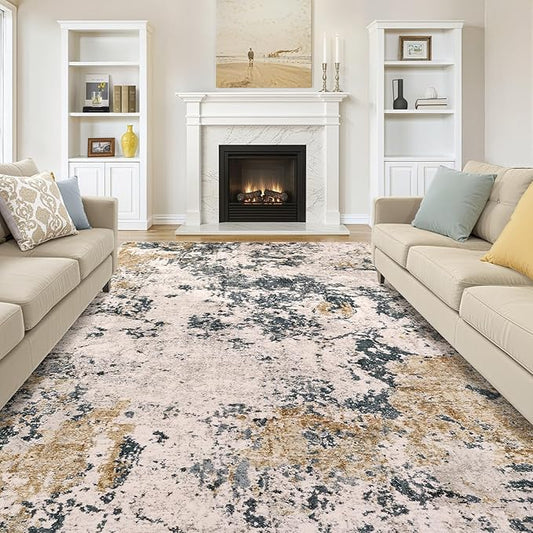 Area Rugs for Living Room: 9x12 Abstract Washable Rug Large Soft Stain Resistant Non-Slip Backing for Bedroom Dining Room Indoor Home Office Carpet for Kids Pet Friendly Families - Grey Gold