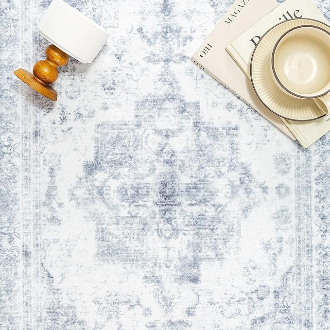 Washable Rug 6x9 Area Rug for Living Room Blue Vintage Boho Medallion Large Distressed Retro Carpet Non Slip Indoor Low Pile Small Soft Bedroom Dining Room Home Office