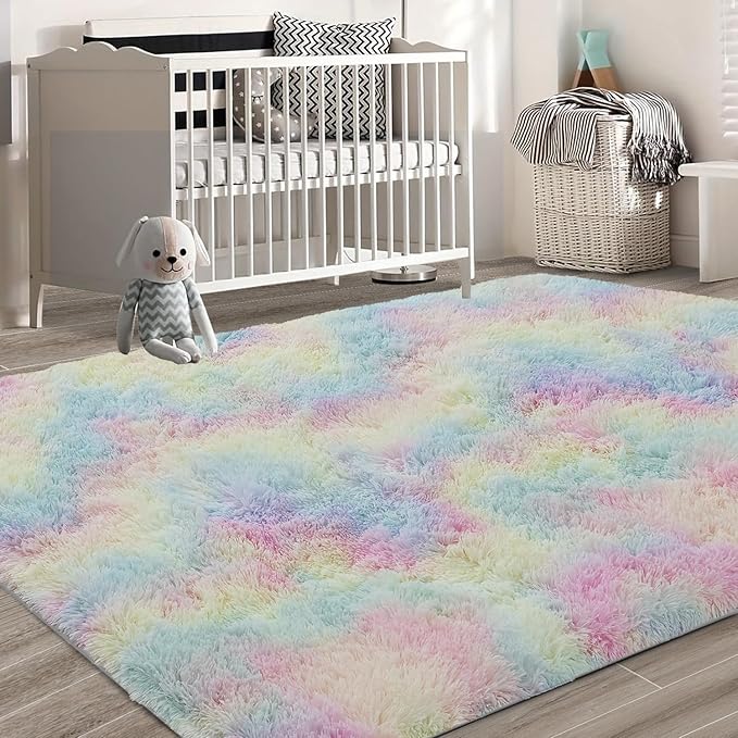 Shag Area Rugs for Bedroom Living Room,8X10 Ultra Soft Fluffy Area Rugs for Dorm,Indoor Carpet Nursery Rugs for Kids Girls Room Home Decor,Rainbow