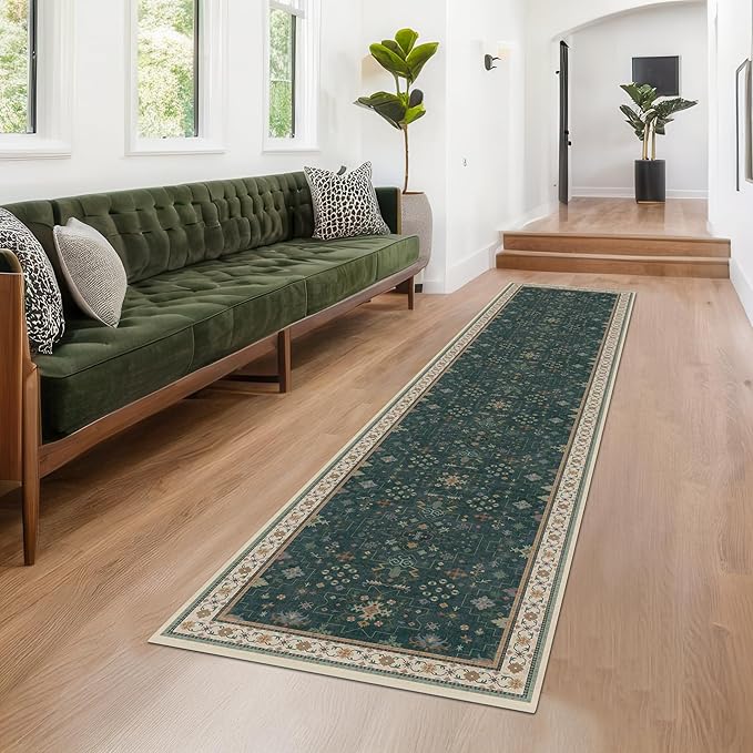 Vintage Dark Green 2x10 Kitchen Rug - Modern Boho Eclectic Floral Pastel, Washable Low Pile Non-Slip Extra Long Runner Rugs for Hallway, Bedroom
