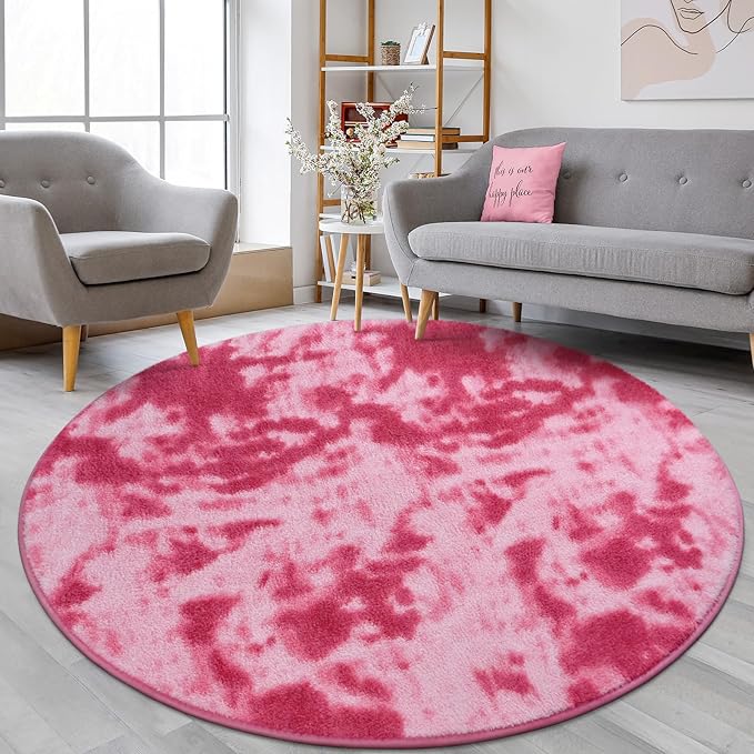Lascpt Round Rug for Bedroom 5x5, Tie-Dyed Pink Circle Rug for Living Room Super Soft Thicken Memory Foam Circular Rug, Indoor Area Rug for Modern Home Decor, Round Carpet for Nursery Kid's Room