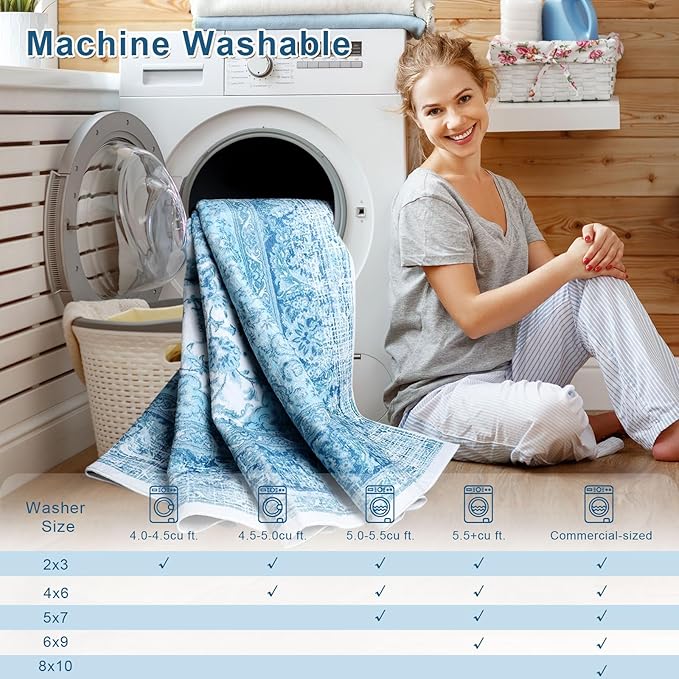 3x5 Area Rug for Bedroom, Machine Washable Rugs with Non-Slip Backing for Living Room, Soft Vintage Carpet Kitchen Laundry Kids Room Decor, Blue & White