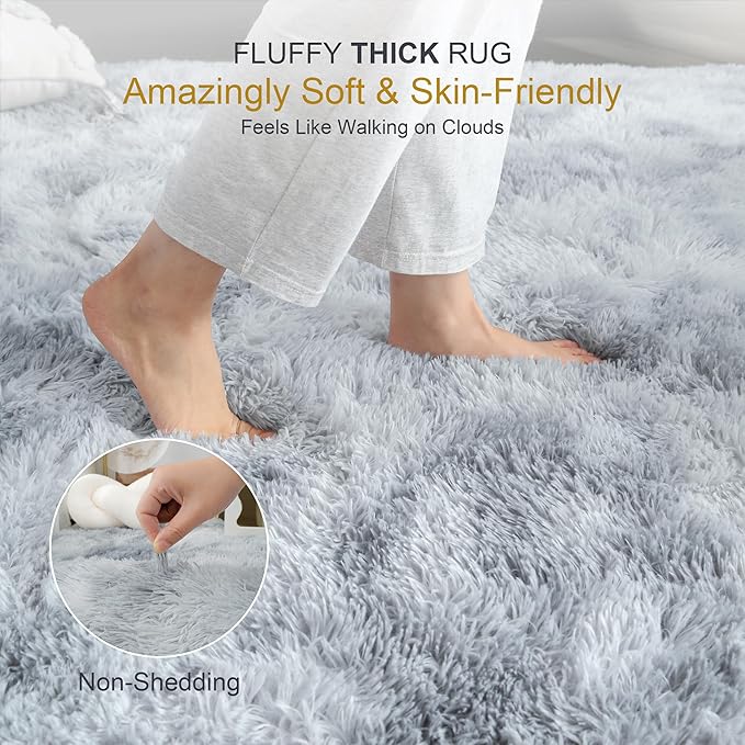 Thick Area Rug Light Grey Shag Fluffy 5x8 for Bedroom Living Room Soft Plush Washable Fuzzy Carpet for Kids Baby Nursery Non Slip Cozy Furry Shaggy Rugs for Dorm Tie-Dye Gray