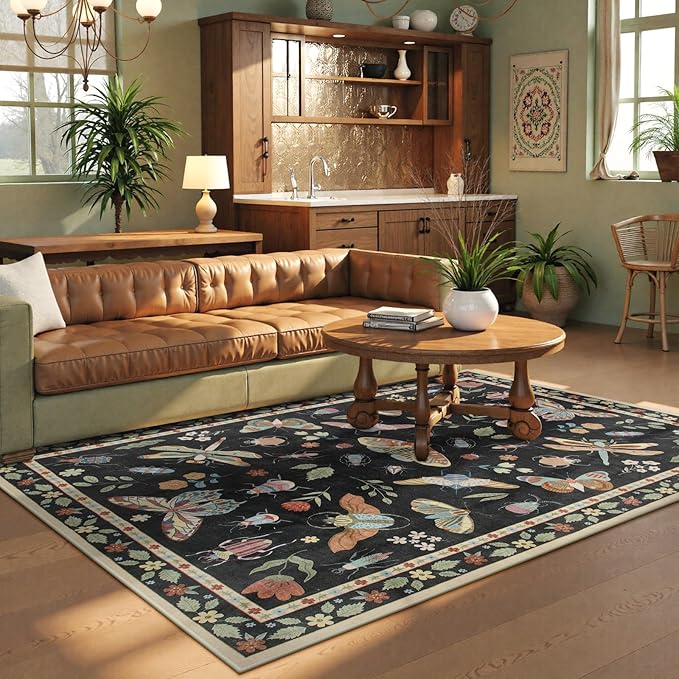Beeiva Insect Print Rug 5x7, Washable Rugs for Living Room, Boho Non Slip Low Pile Ultra Thin Foldable Large Carpet for Office, Bedroom, Kids Room, Playroom - Black
