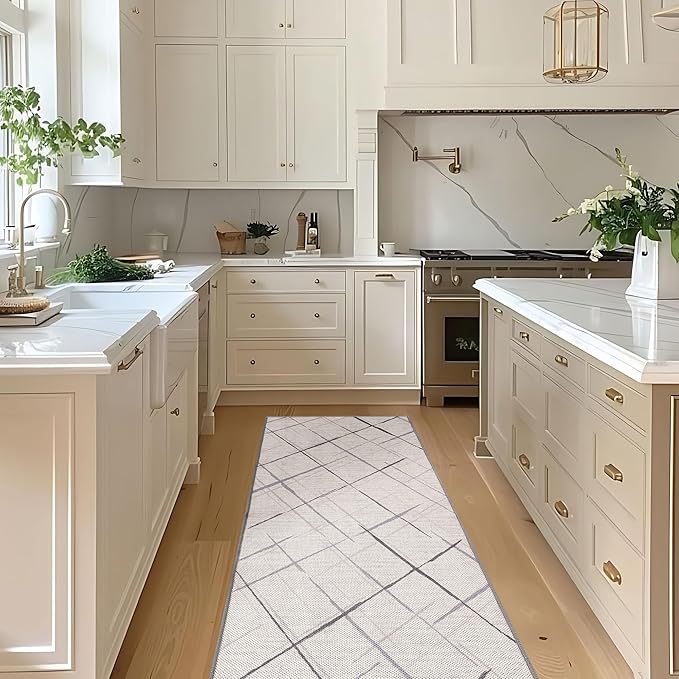 Runners for Hallways Kitchen Runner Rug Non Slip 2x10 Long Washable Runner Rugs No Pile Tear and Stain Resistance, Hand Woven Style Thin Rug for Hallways, Kitchen, Laundry, Bathroom- White