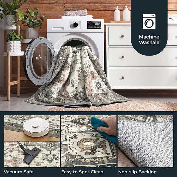 2x6 Runner Rug, Non-Slip Washable for Kitchen Hallway, Soft Low-Pile Area Rugs, Vintage Traditional Floral Aesthetic Carpet, Stain-Resistant Durable, Non Shedding Bedroom Bathroom Decor, Taupe