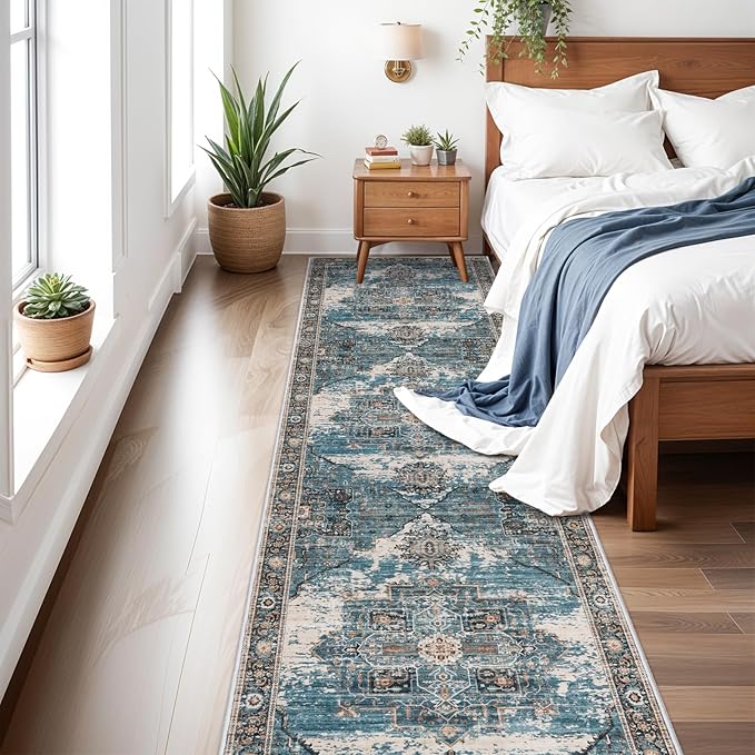 RUUGME Washable 3x14 Runner Rugs - Living Room Large Boho Rugs for Stain Resistant Carpet Vintage Tribal Rugs for Bedroom Kitchen Non Slip Backing Home Decor Floor Decoration Mat 3x14 Blue