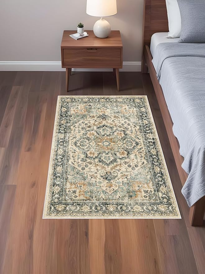Washable Area Rug Vintage - Living Room Farmhouse Oriental Rug 3x5 Distressed Non-Slip Stain Resistant Carpet for Bedroom Dining Room Home Kitchen Office (3x5 Sage Green/Orange)