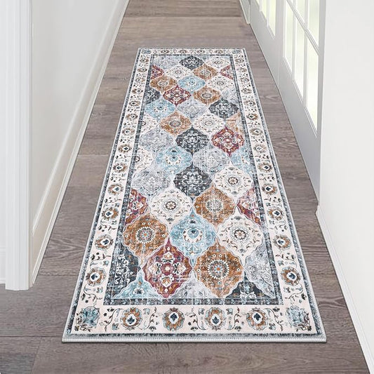 HEBE Hallway Runner Rug 2'x5' Washable Vintage Distressed Area Rugs Non Slip Laundry Rug Runner Boho Floor Carpet Runners for Hallways Entryway Laundry Room Kitchen Bathroom