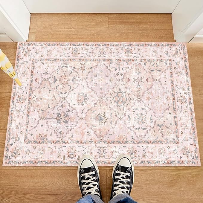 Washable Boho Vintage Area Rugs 2×3 Non-Slip Traditional Pink Area Rug Doormat for Bathroom Kitchen Entryway