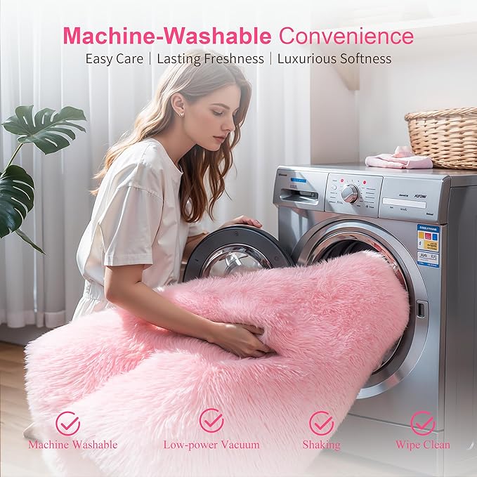 Thick Area Rug 4x6 Pink Fluffy Shag – Ultra Soft Thickened Plush Washable Carpet, Non-Slip Fuzzy Shaggy Rug for Girls Bedroom, Kids’ Room, Nursery, Baby, Dorm, Living Room Cozy Décor