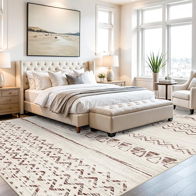 9x12 Area Rugs Living Room, Large Washable Rug for Bedroom Ultra Thin Moroccan Rug with Non Slip Rubber Backing Stain Resistant Soft Low Pile Indoor Carpet Dining Room Waterproof - 9x12 Beige/Brown