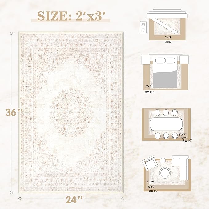 2x3 Area Rugs for Entryway: Washable Vintage Rug Indoor Soft Non-Slip Distressed Doormat for Bedroom Bathroom Kitchen Home Office (Beige, 2'x3')