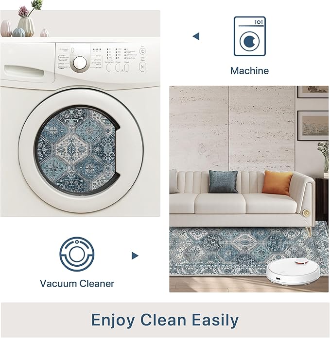 Bavni 6x9 Area Rugs for Living Room, Machine Washable Rug Non Slip, Vintage Chenille Distressed Print Carpet, Large Low Pile Ultra-Thin Lightweight Rugs for Bedroom, Dining Room, Home, Office, Blue