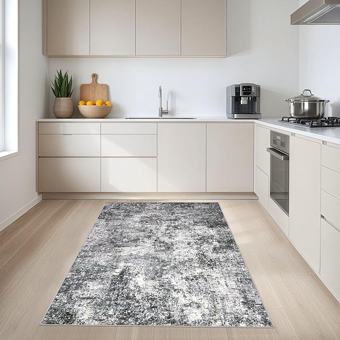 Washable Area Rug: 3x5 ft Abstract Small Rugs for Entryway Kitchen Living Room Bedroom - Non Slip Modern Neutral Carpet Indoor Front Door - Grey