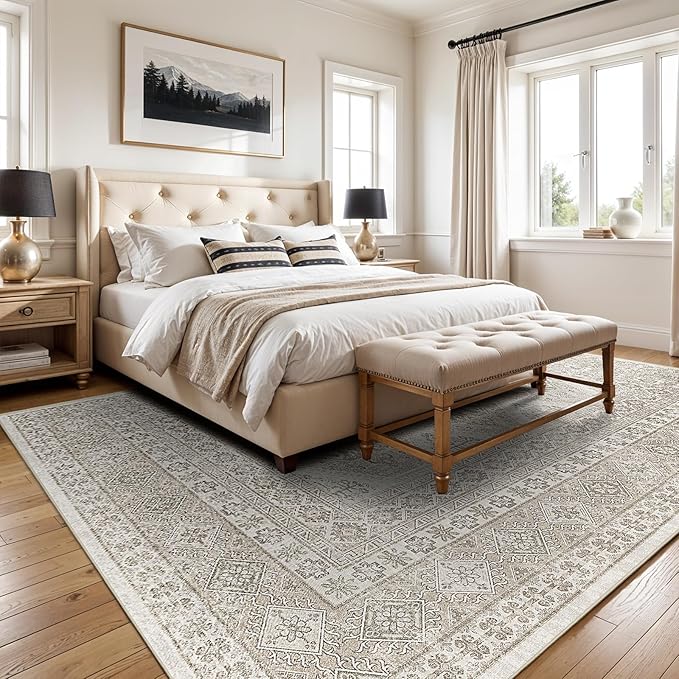 6x9 Area Rugs for Living Room:Washable Oriental Rug for Bedroom Dining Room Carpet 6 by 9 Indoor Non Slip Rubber Backing Neutral Nursery Dorm Home Office Kids Beige