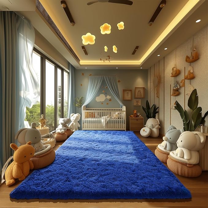 Zentavio Navy Blue Area Rugs for Living Room Boys Rugs for Bedroom 8x10 Large Shag Washable Carpet Soft Furry Fluffy Aesthetic Kids Playroom Rugs for Teen Home Decor