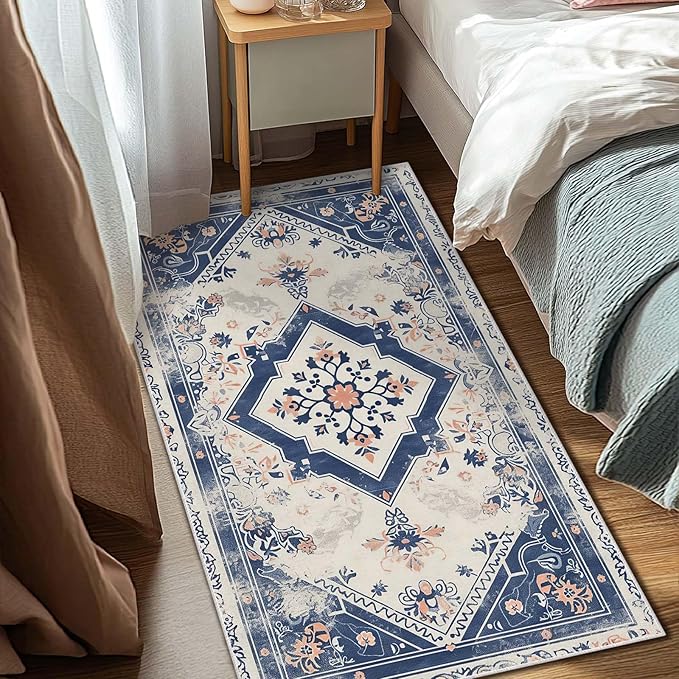3x5 Entryway Rug Vintage Oriental Navy Blue Boho Beige Small Area Rug Bedroom Bedside Thin Carpet Bathroom Non Slip Indoor Entrance Low Pile Door Mat Kitchen Stain Resistant Washable Machine