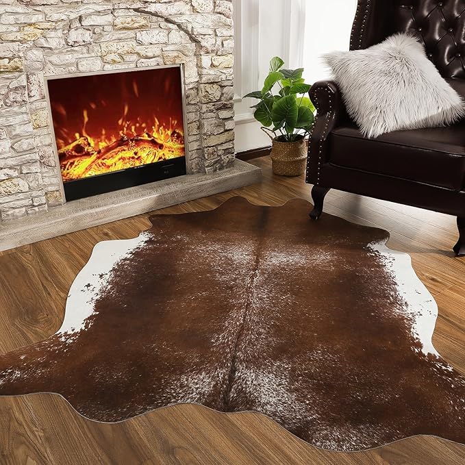 AROGAN Western Decor Faux Fur Cowhide Rug, Middle Size Premium Animal Skin Cow Hide Rug, Sturdy Cow Print Rugs for Wall Decor, Western Floor Carpet for Bedroom Living Room, Brown
