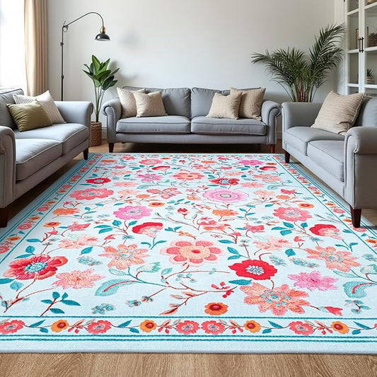 Area Rugs for Living Room 9x12 Non-Slip Carpet Washable Boho Rug Vintage Low Pile Carpet Print Home Rugs for Bedroom Kids Room Playroom Dining Room Home Office Farmhouse,Blue