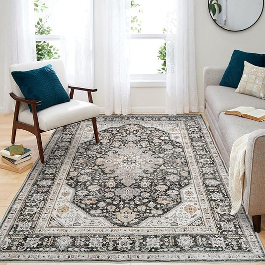 Washable Area Rug - 5x7 Bedroom Living Room Large Indoor Rugs Soft Oriental Vintage Rugs Non-Slip Backing Stain Resistant for Farmhouse Kitchen (5x7 Black/Ivory)