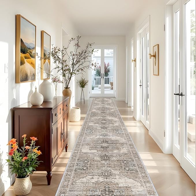 RUUGME Washable 3x20 Runner Rugs - Hallway Runner Rug for Living Room Stain Resistant Carpet with Non Slip Backing Vintage Rugs for Bedroom Kitchen Floor Decoration Mat 3x20 Beige