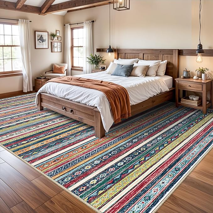 10x14 Washable Area Rug - Living Room Bedroom Non - Slip Rubber Backing Low Pile Ultra - Thin Stain Resistant Indoor Carpet with Soft Southwest Aztec Striped Design (10x14 Multi)