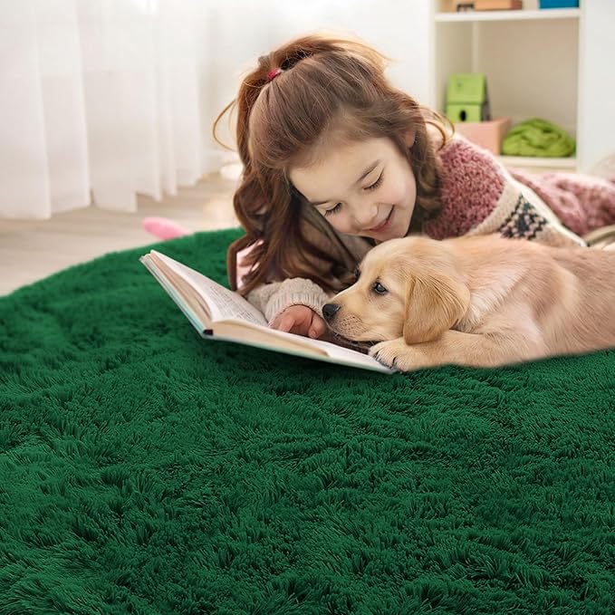 OLANLY Dark Green Round Rugs for Bedroom - Machine Washable, 3x3 Feet Circle Area Rugs for Living Room, Soft Fluffy Shaggy Carpet for Teen Girls and Boys, Nursery Rooms, Dorms, Home Decor Aesthetic