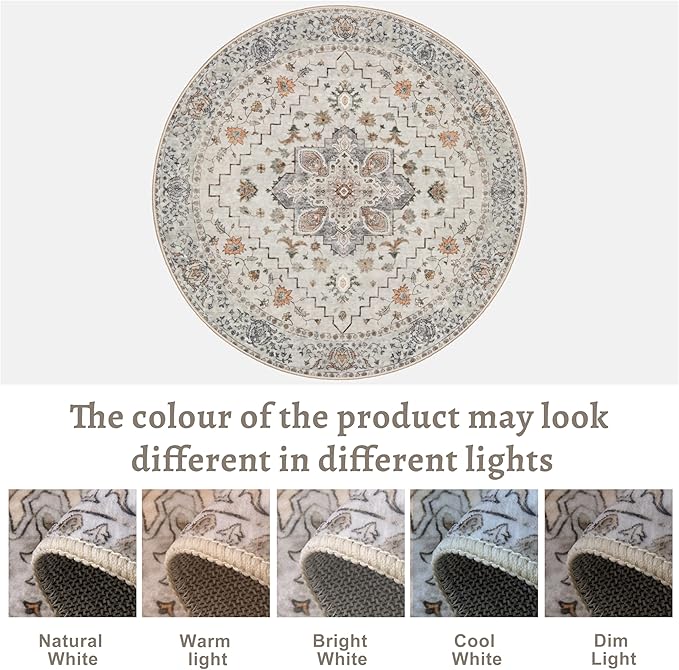 Vintage Round Rug 4ft Washable Circle Rug, Non Slip Small Boho Round Rug, Low Pile Circular Rugs, Round Carpet for Bedroom,Entryway,Nursery,Dorm,Kitchen,Taupe