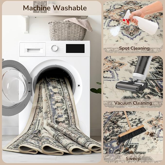 BESTSWEETIE 2x3 Area Rugs for Living Room, Washable Ultra Soft Boho Vintage Print Pattern Rug Non Slip Low Pile Carpet for Dining Room Bedroom Entryway Indoor-Khaki/Beige/Purple/Black