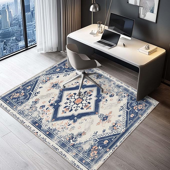 4x6 Rug Vintage Oriental Navy Blue Boho Beige Area Rug Bedroom Thin Low Pile Large Carpet Living Room Non Slip Dining Room Office Stain Resistant Washable Machine