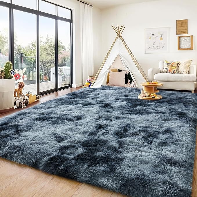 Area Rugs for Bedroom, 4x6 Feet Tie-Dyed Blue Grey Shaggy Fluffy Throw Carpets, Ultra Soft Plush Modern Indoor Fuzzy Rugs for Living Room Kids Nursery Room Dorm Home Decor