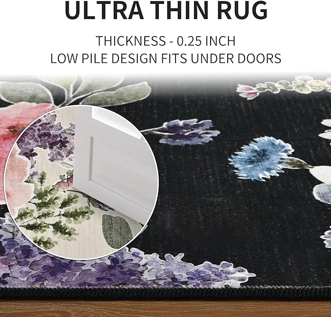 YJ.GWL Floral Black Area Rug for Living Room - 5x7 Washable Rug Soft Low Pile Stain Resistant Throw Accent Rug Carpets for Bedroom Dining Room Kids Nursery Room Office Kitchen