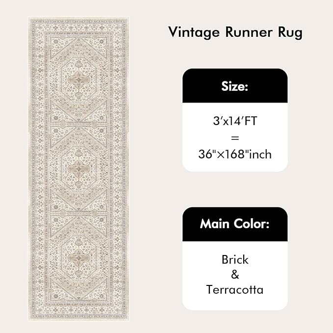 3x14 Runner Rug for Hallway Washable: Non Slip Kitchen Rugs with Rubber Backing Soft Waterproof Mats Stain Resistant Indoor Vintage Carpet Runner for Bedroom Bathroom Laundry Entryway Beige/Gray