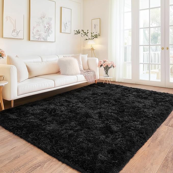 Black Area Rugs 8x10 for Living Room, Large Shag Plush Rug Bedroom Carpet, Non-Slip Modern Fluffy Indoor Floor Rug for Kids Room Dorm Nursery Home Decor Aesthetic