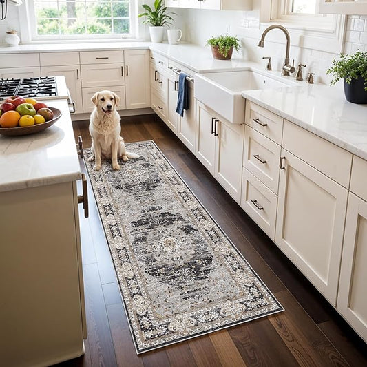 2x6 Runner Rug for Hallway Washable: Non Slip Kitchen Rugs with Rubber Backing Soft Waterproof Mats Stain Resistant Indoor Vintage Carpet Runner for Bedroom Bathroom Laundry Entryway Black/Gray