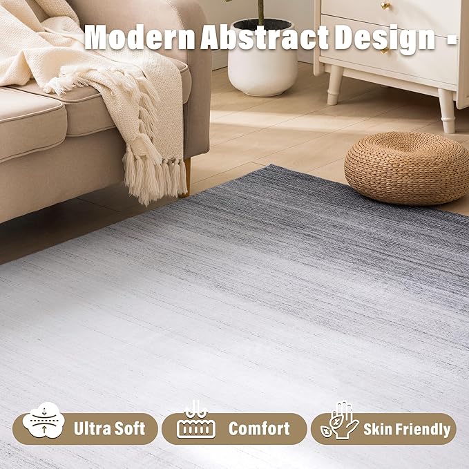 Carvapet Rugs for Living Room, Ombre Grey Low Pile Large Carpet with Rubber Backing, Foldable, Non Slip Machine Washable (9 x 6 Feet Rectangular, Grey Area Rug)